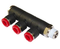 Pneufit C geçmeli bağlantı parçası, 3x döner adaptör, dirsek, R1/4, 12mm